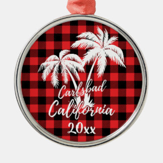 カールスバッドカリフォルニアビーチパームツリーレッドプレイド メタルオーナメント