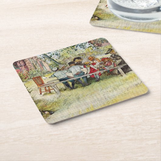 カールラーション著大きい樺の木の下の朝食 スクエアペーパーコースター (アングル)