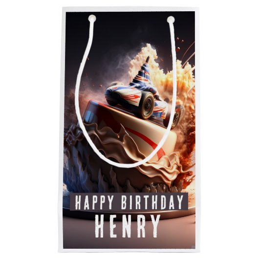 カーレースお誕生日ケーキ- スモールペーパーバッグ (正面)