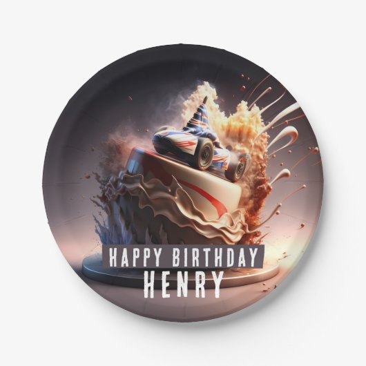 カーレースお誕生日ケーキ- ペーパープレート (正面)
