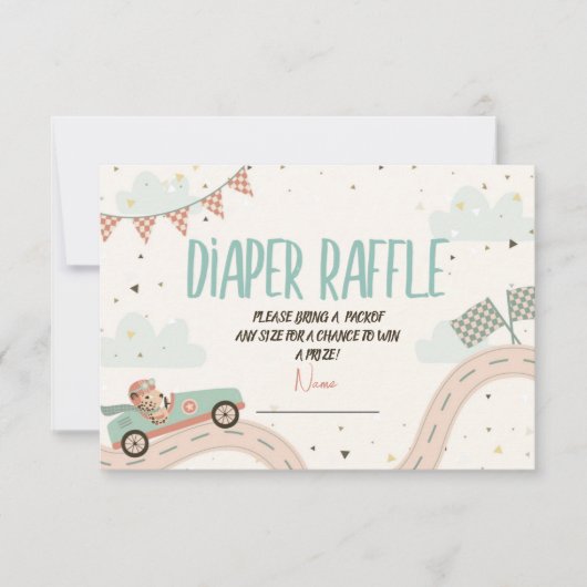カーレースファースト赤ちゃんシャワーおむつラッフルカード 招待状 (正面)