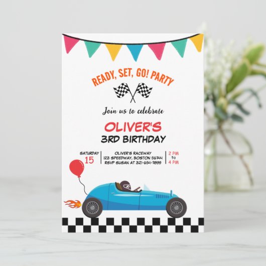 カーレース子供の誕生日パーティの招待状フラットカード 案内状 (スタンド正面)