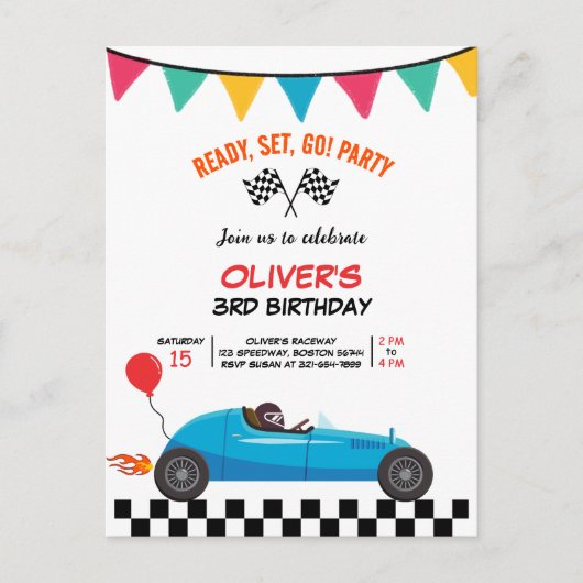 カーレース子供の誕生日パーティの招待状ポストカード ポストカード (正面)