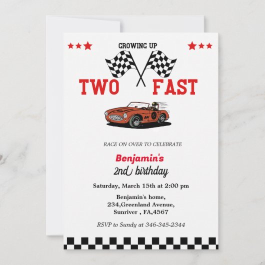 カーレース2人の速い2人目の少年の誕生日を育てる 招待状 (正面)