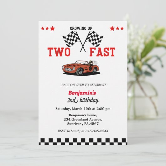 カーレース2人の速い2人目の少年の誕生日を育てる 招待状 (スタンド正面)