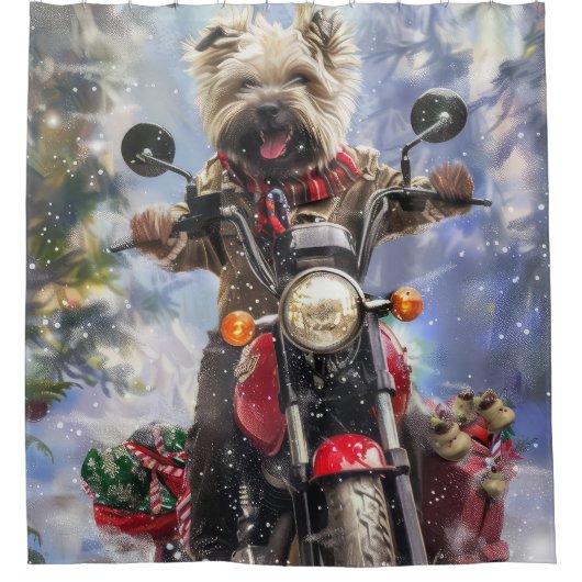 カーンテリアードッグはオートバイクリスマスに乗る シャワーカーテン (正面)