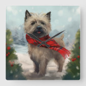 カーン・テリアの犬と雪のクリスマス スクエア壁時計 (正面)