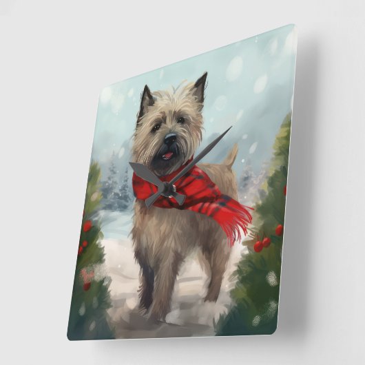 カーン・テリアの犬と雪のクリスマス スクエア壁時計 (傾斜)