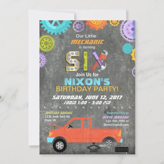 カー整備士ギアツールチャルクボード誕生日 招待状 (正面)