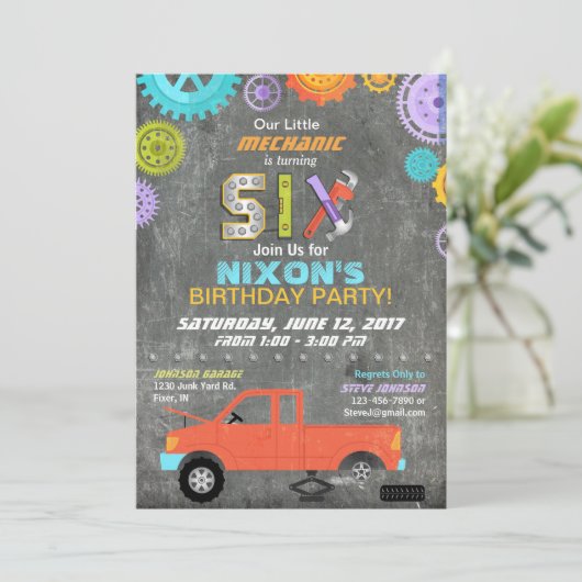カー整備士ギアツールチャルクボード誕生日 招待状 (スタンド正面)