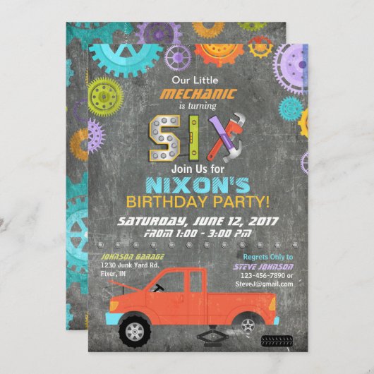 カー整備士ギアツールチャルクボード誕生日 招待状 (正面/裏面)