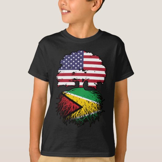 ガイアナ・ガイアナ・アメリカ合衆国ツリー・ルーツ国旗 Tシャツ (正面)