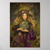 ガイア女神の紫と緑の花柄アート: 地球の母 ポスター (正面)