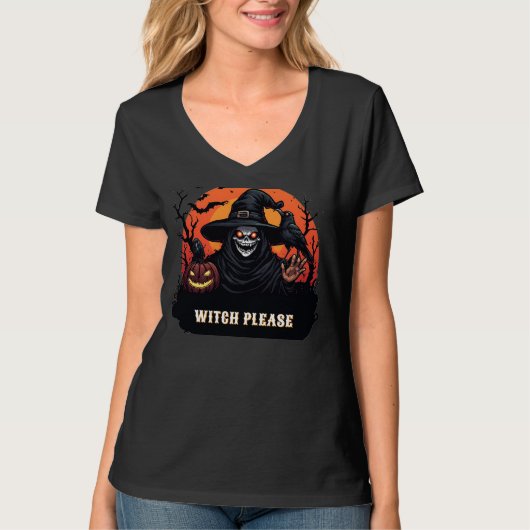 ガイコツに歯を見せて笑う魔女 ハロウィーン ホラー ナイト 🕸️ Tシャツ (正面)