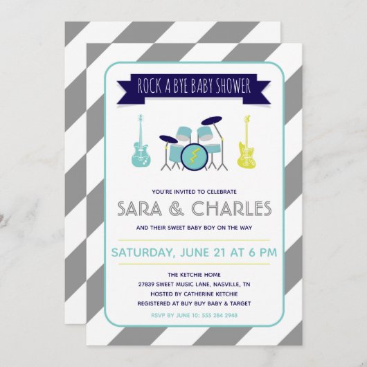 ガイターとドラムスはバイベイビーシャワー招待状 招待状 (正面/裏面)