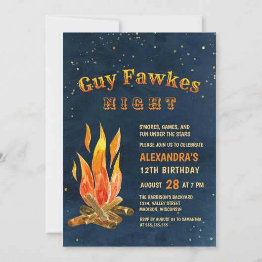 ガイファークスナイトお祝いボンファイア誕生日 招待状 (正面)
