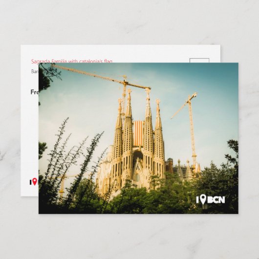 ガウディのサグラダカタロニア国旗に対するファミリア ポストカード (正面/裏面)