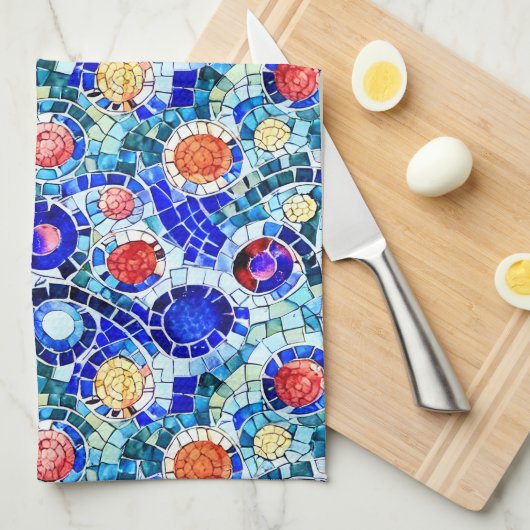 ガウディインスパイア数々のカラーのモザイク模様 キッチンタオル (四つ折り)