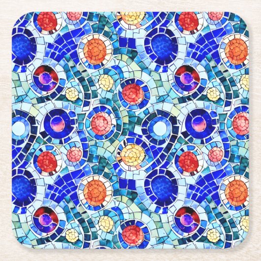 ガウディインスパイア数々のカラーのモザイク模様 スクエアペーパーコースター (正面)