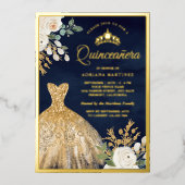 ガウンきらめくアイボリーフローラネイビーキンセアニェラ金ゴールド 箔招待状 (正面)