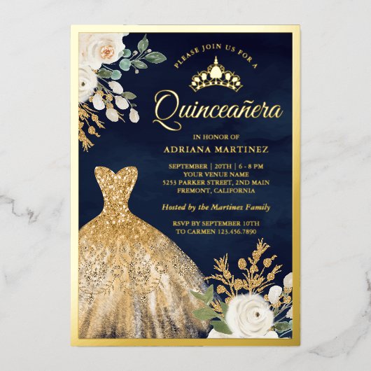 ガウンきらめくアイボリーフローラネイビーキンセアニェラ金ゴールド 箔招待状 (正面)