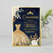 ガウンきらめくアイボリーフローラネイビーキンセアニェラ金ゴールド 箔招待状 (立ち正面)