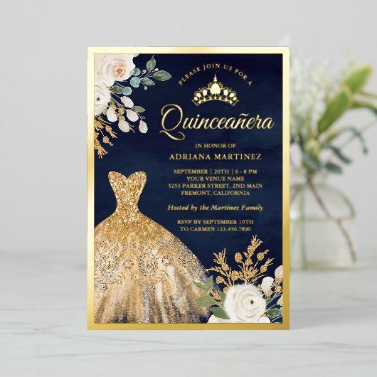 ガウンきらめくアイボリーフローラネイビーキンセアニェラ金ゴールド 箔招待状 (立ち正面)