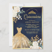 ガウンきらめくアイボリーフローラネイビー金ゴールドキンセアニェラ 招待状 (正面)