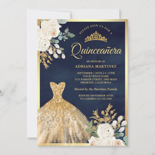 ガウンきらめくアイボリーフローラネイビー金ゴールドキンセアニェラ 招待状 (正面)