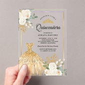 ガウンきらめくアイボリーフローラ金ゴールドキンセアニェラ アクリル招待状 (インサイチュ (ポータブル))
