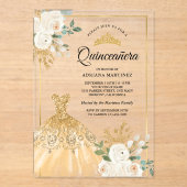 ガウンきらめくアイボリーフローラ金ゴールドキンセアニェラ アクリル招待状 (正面)