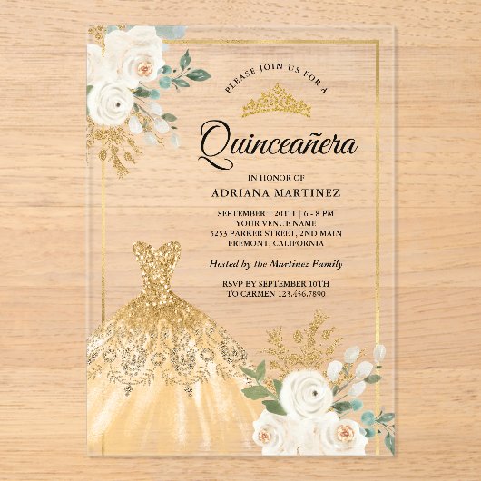 ガウンきらめくアイボリーフローラ金ゴールドキンセアニェラ アクリル招待状 (正面)