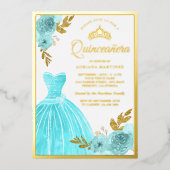 ガウンきらめくアクアブルーフローラキンセアニェラ金ゴールド 箔招待状 (正面)