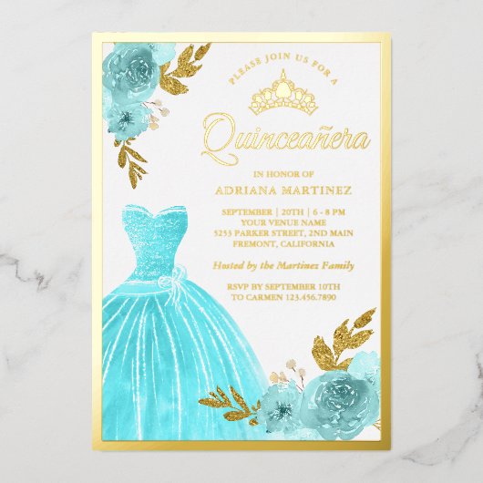 ガウンきらめくアクアブルーフローラキンセアニェラ金ゴールド 箔招待状 (正面)