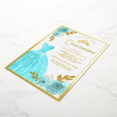 ガウンきらめくアクアブルーフローラキンセアニェラ金ゴールド 箔招待状 (回転した状態)