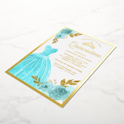 ガウンきらめくアクアブルーフローラキンセアニェラ金ゴールド 箔招待状 (回転した状態)