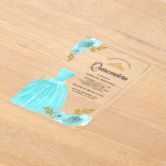 ガウンきらめくアクアブルーフローラ金ゴールドキンセアニェラ アクリル招待状 (レイダウン)