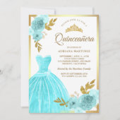 ガウンきらめくアクアブルーフローラ金ゴールドキンセアニェラ 招待状 (正面)