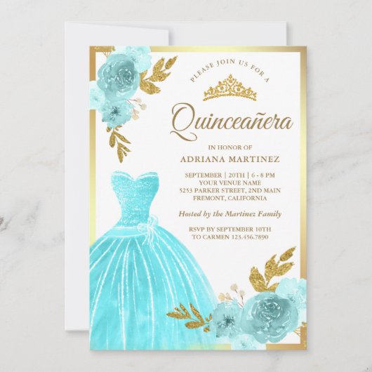 ガウンきらめくアクアブルーフローラ金ゴールドキンセアニェラ 招待状 (正面)