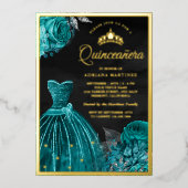 ガウンきらめくティール（緑がかった色）バラブラックキンセアニェラ金ゴールド 箔招待状 (正面)