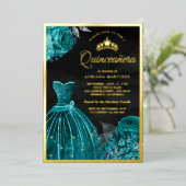 ガウンきらめくティール（緑がかった色）バラブラックキンセアニェラ金ゴールド 箔招待状 (立ち正面)