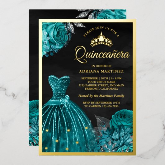ガウンきらめくティール（緑がかった色）バラブラックキンセアニェラ金ゴールド 箔招待状 (正面/裏面)