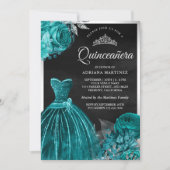 ガウンきらめくティール(緑がかった色)バラブラックシルバーキンセアニェラ 招待状 (正面)