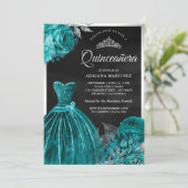 ガウンきらめくティール(緑がかった色)バラブラックシルバーキンセアニェラ 招待状 (スタンド正面)