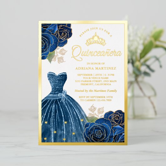 ガウンきらめくネイビーブルーバラキンセアニェラ金ゴールド 箔招待状 (立ち正面)