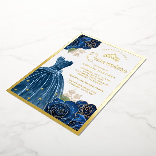 ガウンきらめくネイビーブルーバラキンセアニェラ金ゴールド 箔招待状 (回転した状態)