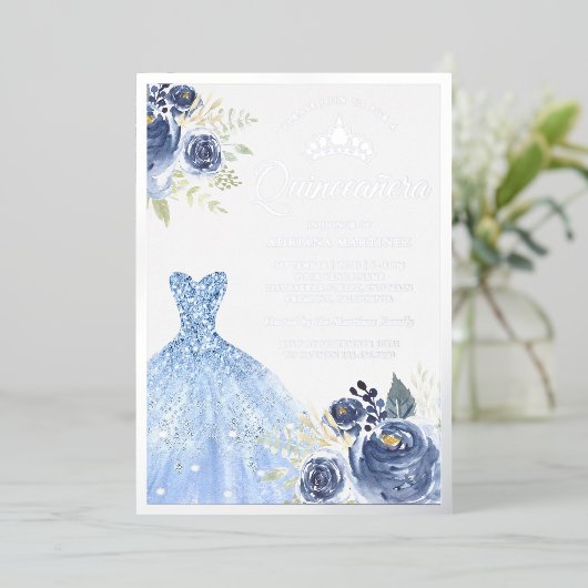 ガウンきらめくパステルブルーバラキンセアニェラ 箔招待状 (立ち正面)