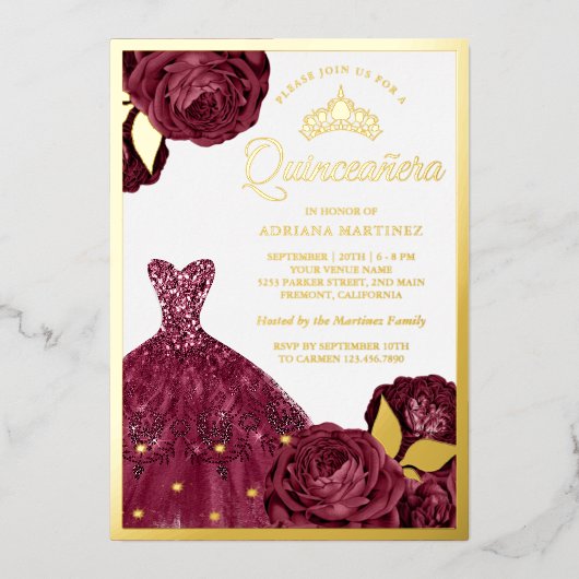 ガウンきらめくブルゴーニュフローラキンセアニェラ金ゴールド 箔招待状 (正面)