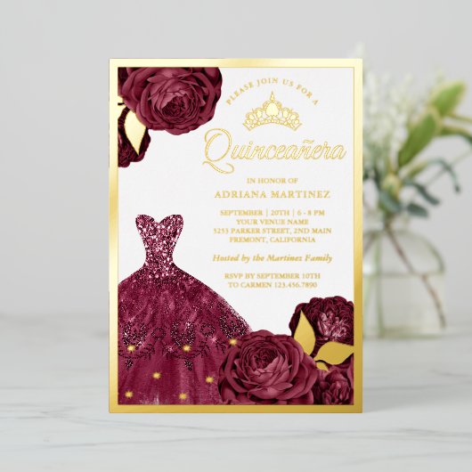 ガウンきらめくブルゴーニュフローラキンセアニェラ金ゴールド 箔招待状 (立ち正面)