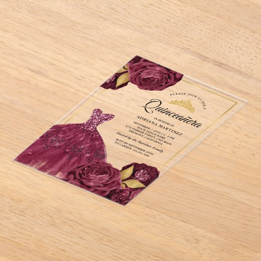 ガウンきらめくブルゴーニュフローラ金ゴールドキンセアニェラ アクリル招待状 (レイダウン)